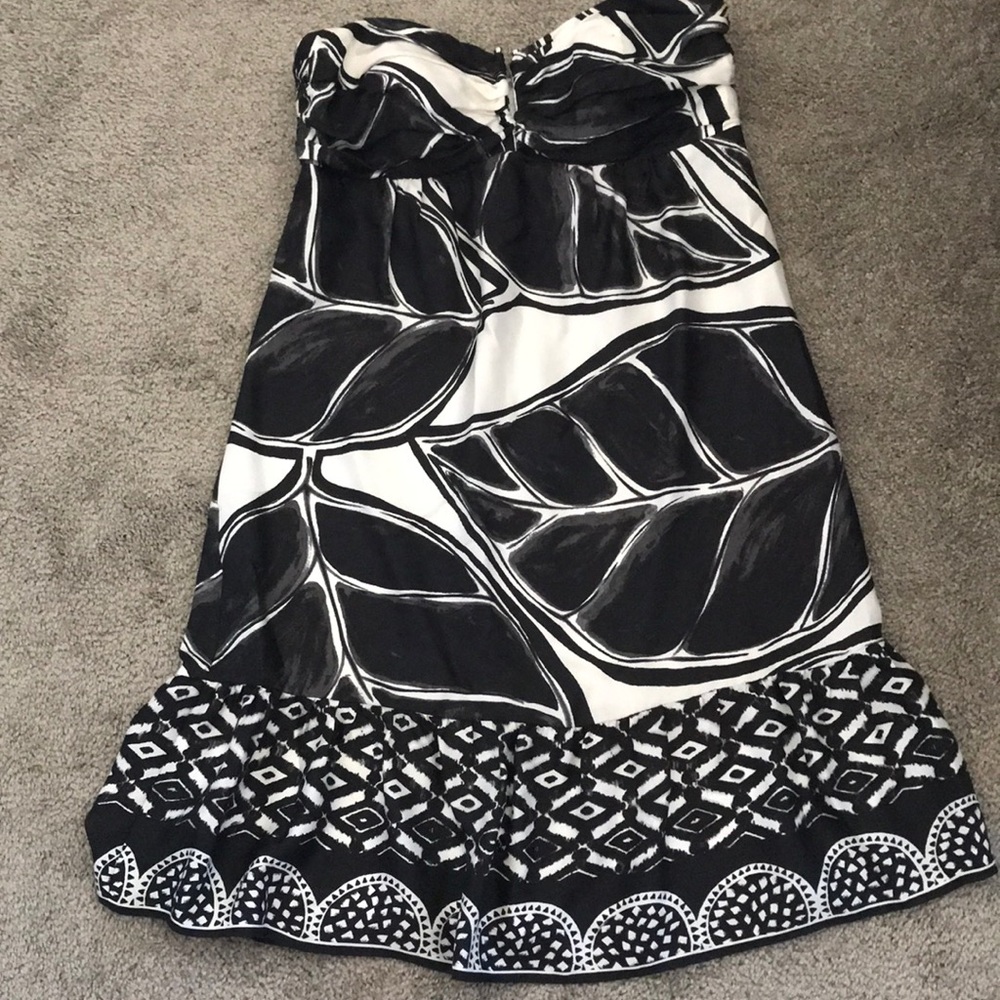 Black and white print silk strapless dress